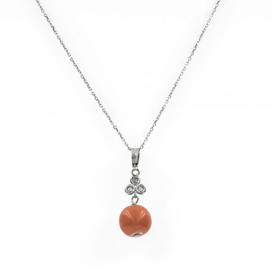 18 kt. Gold - Necklace with pendant - 0.10 ct Diamond - coral