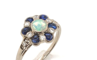 18 kt. White gold - Ring - 0.20 ct Opal - Diamonds, Sapphires