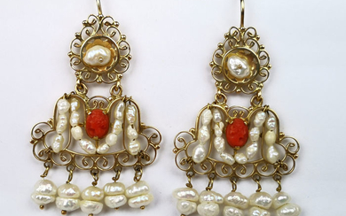 18 kt. Yellow gold - Earrings Coral of Sciacca - Pearls