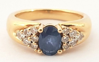 18 kt. Yellow gold - Ring - 0.90 ct Sapphire - Diamonds