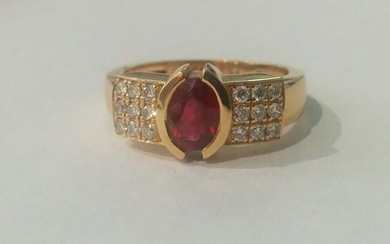18 kt. Yellow gold - Ring - 1.12 ct Ruby - Diamonds