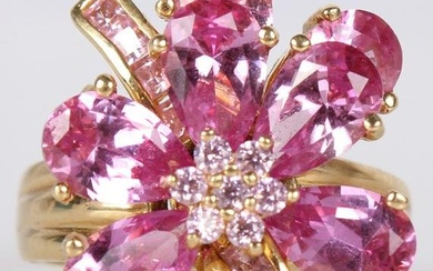 18K YELLOW GOLD PINK SAPPHIRE ROTATING FLOWER RING