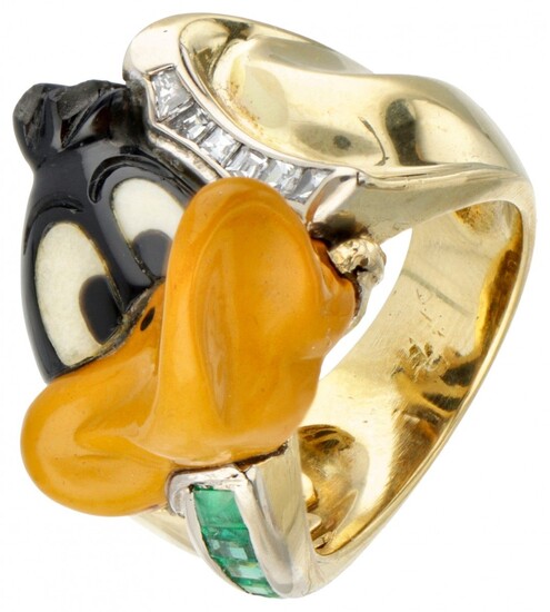 18K. Yellow gold Staurino Daffy Duck ring set with approx. 0.18 ct. diamond and emerald....