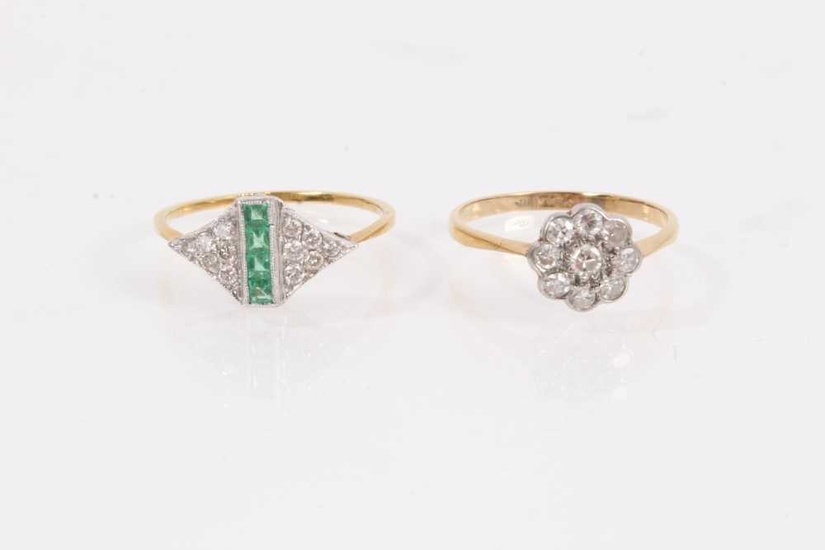18ct gold diamond flower head ring and 18ct gold Art Deco emerald and diamond ring