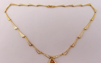18ct yellow gold, topaz and diamond necklace, approx total w...