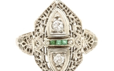 Art Deco 18K White Gold and Platinum Emerald and Diamond Ring