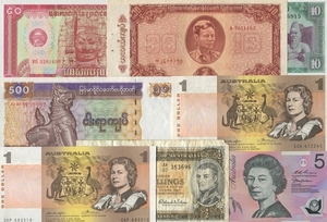 1907/5435: Small lot banknotes from Australia, Cambodia, Ceylon and Myanmar, in total 8 pcs