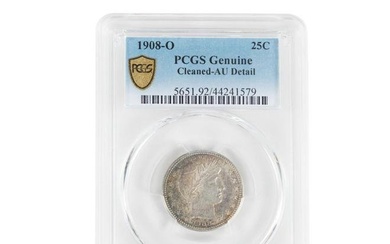 1908-O US 25 CENT BARBER COIN, PCGS AU DET