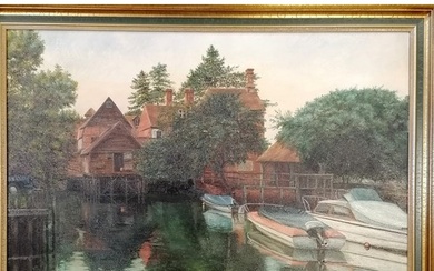 1972 original oil painting on canvas of a river scene with b...