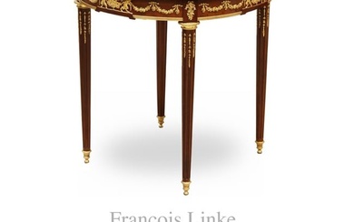 19th C. French F. Linke Louis XVI Style Mahogany Wood Gilt Bronze Marble Top Round Table