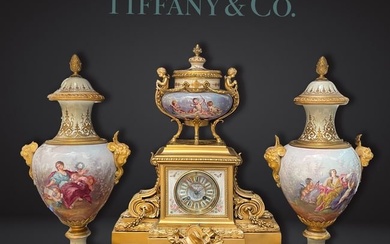 19th C. Tiffany & Co. Sevres Hand Painted Signed L. MALPASS & Bronze Clock Set