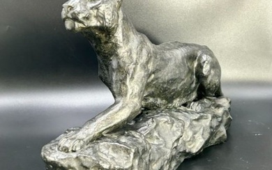 19th Century Stalking Lioness Bronze sculpture by French artist Hippolyte Peyol