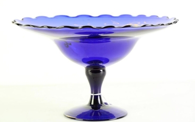 19th century style Royal Blue Venetian glass tazza modelled with scalloped bowl, and gilt highlights on a spreading foot (Dia35cm)
