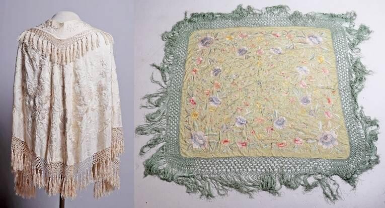 (2) Embroidered Silk Piano Shawls