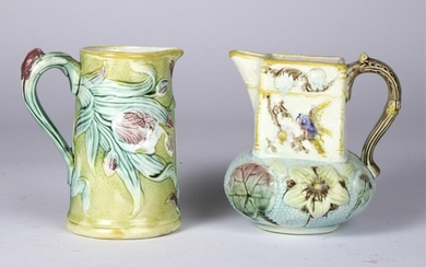 (2) MAJOLICA PITCHERS TULIPS / BIRDS and FLOWERS