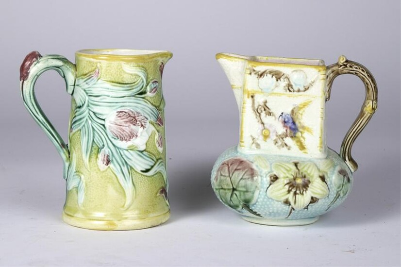 (2) MAJOLICA PITCHERS TULIPS / BIRDS and FLOWERS