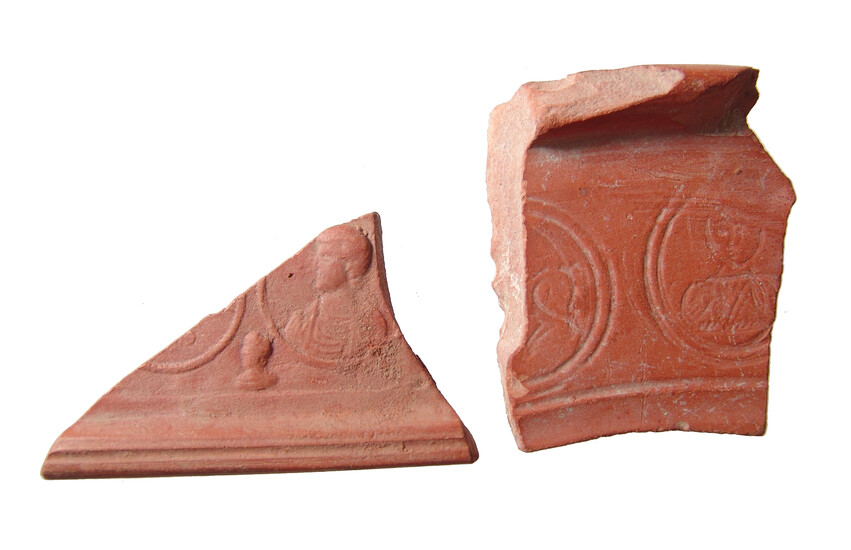 2 Roman terra sigillata fragments depicting emperors