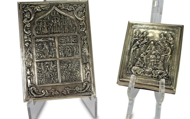 2 Russian silverplate metal on wood Icons