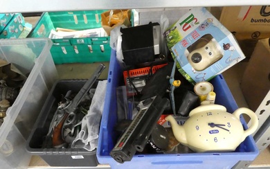 2 tubs containing various items, including cameras, 'Tradition England' figures...