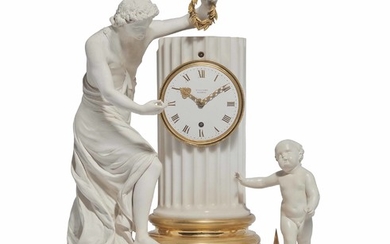 A GEORGE III WHITE MARBLE, ORMOLU AND BISCUIT PORCELAIN MANTEL TIMEPIECE, BENJAMIN VULLIAMY, LONDON, CIRCA 1790