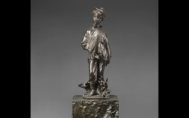 Giuseppe Grandi ( Ganna 1843 - 1894 ) , "Garibaldino ferito (Rimembranze della campagna del 1860)" scultura in bronzo (h cm 95) poggiante su base in marmo verde alpi...