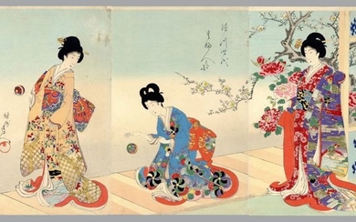 Original woodblock print, Triptych - Toyohara Yoshu Chikanobu (1838-1912) - Winter flowers - From the series "The Appearance of Upper-Class Women of the Tokugawa Era" - 1896