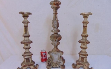3 antique Italian carved wood candle sticks, pair &
