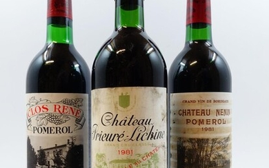 3 bouteilles 1 bt : CHÂTEAU PRIEURE LICHINE 1981 4è GC Margaux (base goulot, étiquette tachée, déchirée, capsule abimée)
