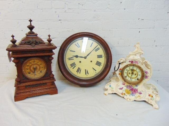 3 clocks, porcelain, carved oak & wall clock, carved