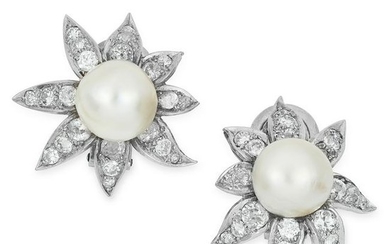 NATURAL SALTWATER PEARL AND DIAMOND EARRINGS formed of