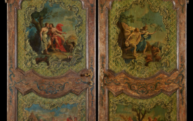A pair of 18th-century lacquered and painted wooden panels (cm 102x205) (defects, mounted on modern doors)