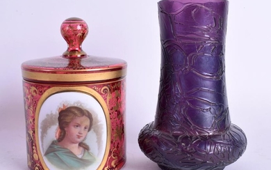 A 19TH CENTURY BOHEMIAN ENAMELLED CRANBERRY JAR AND