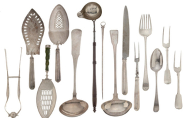 An assembled collection of twelve English sterling silver serving flatware pieces