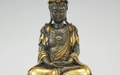 Chinese Parcel-Gilt Bronze Seated Figure of Guanyin