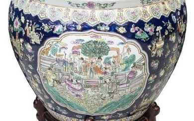 CHINESE PORCELAIN FISH BOWL & STAND