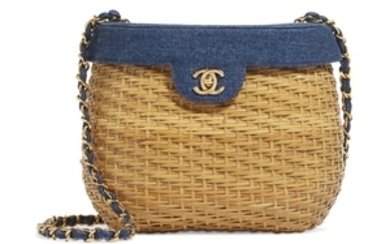 A DENIM & WICKER PICNIC BAG WITH GOLD HARDWARE, CHANEL, 1997