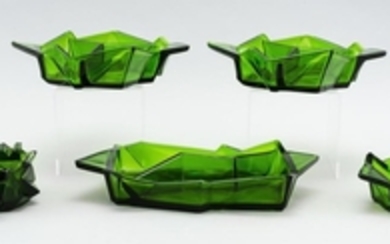 FIVE PIECES OF RUBA ROMBIC JUNGLE GREEN GLASS Reuben Haley for Consolidated Lamp & Glass Company. Includes two triple-segmented serv...