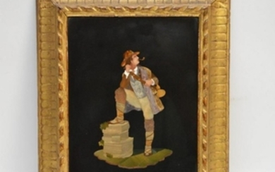 FRAMED PIETRA DURA PLAQUE depicting a man with a pipe.