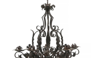 A French five-light wrought iron chandelier. Ca. 1900. H. 65 cm. Diam. 60 cm.