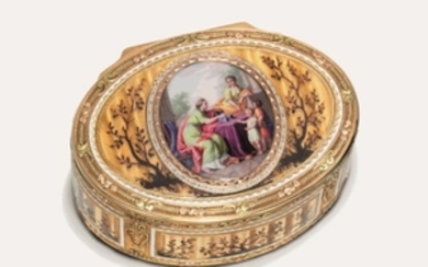 A GERMAN ENAMELLED GOLD SNUFF-BOX, BY LES FRÈRES TOUSSAINT (FL. 1752-1803), MARKED, HANAU, CIRCA 1785, STRUCK WITH THE HANAU TOWN MARK FOR 19 CARAT GOLD, CROWNED LETTER K RESEMBLING THE PARISIAN DATE LETTER 1773/1774, A MARK RESEMBLING THE PARISIAN...