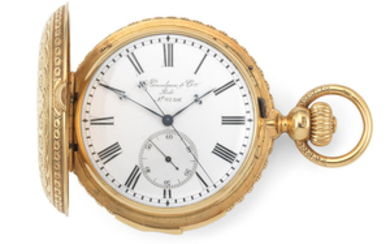 Henri GrandJean & Co., Le Locle & London. An 18K gold keyless wind minute repeating full hunter pocket watch with start/stop centre seconds