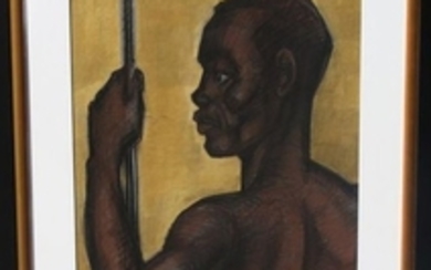 Jean ROYER (XX) Massaï Fusain et gouache doré