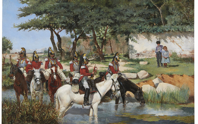 José Aguado y Guerra (Spanish, 1857-1906), Vanguard crossing a river