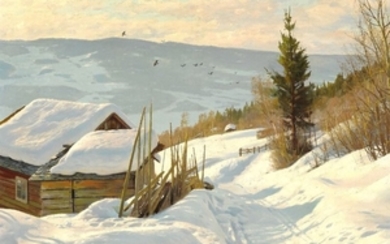 Peder Mønsted: Sunny winter day in Norway. Signed and dated P. Mønsted Langseth 1919. Oil on canvas. 58 x 64 cm.