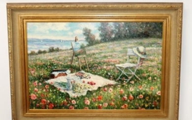 Oil on canvas picnic in a poppy field signed Harris