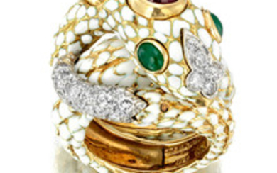 A ruby, emerald, diamond and enamel ring,, David Webb