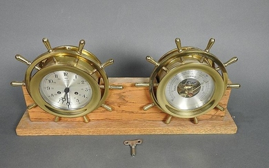 SALEM SHIP CLOCK WITH MATCHING BAROMETER ON STAND