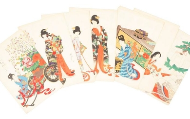 Seven leaves of Japanese woodblock prints