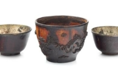* Three Chinese Carved Coconut Shell Wine Cups
