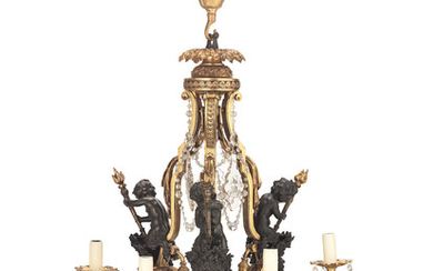 A French early 20th century gilt and patinated bronze and cut glass nine-light chandelier